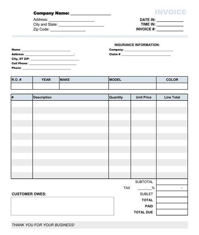 Truck Repair Invoice Template Auto Repair Invoice Templates 10 Printable and Fillable