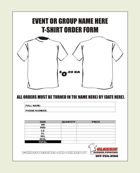 Tshirt order form Template T Shirt order form Template