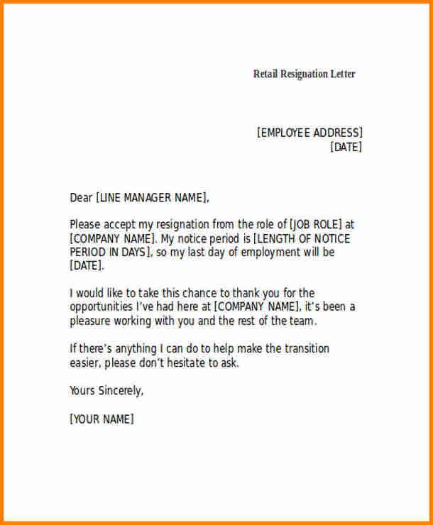 Two Weeks Notice Retail 6 Resignation Letter Retail