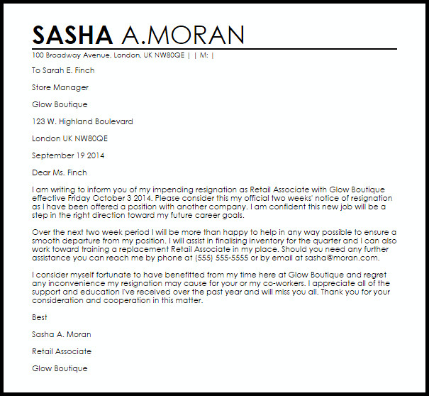 Two Weeks Notice Retail Retail Resignation Letter Example