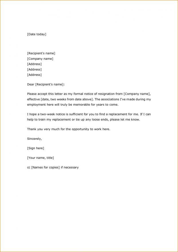 Two Weeks Notice Retail Simple Two Week Notice Letter