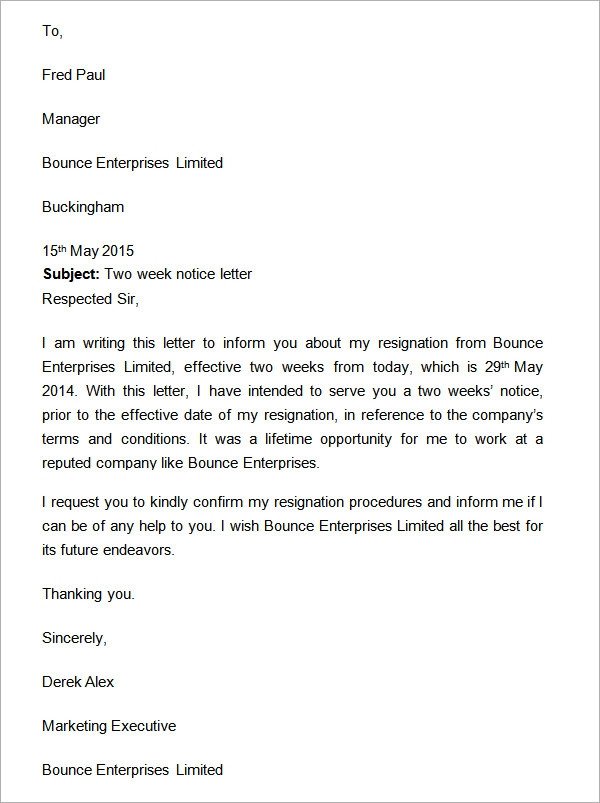 Two Weeks Notice Retail Two Weeks Notice Letter 12 Download Free Documents In Word