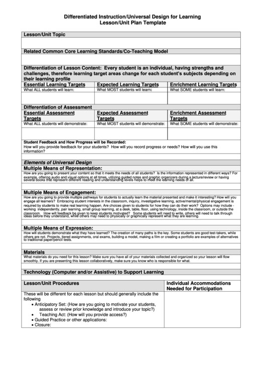 Udl Lesson Plan Template Differentiated Instruction Universal Design for Learning