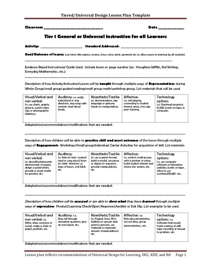 Udl Lesson Plan Template Tiered Lesson Plan Template