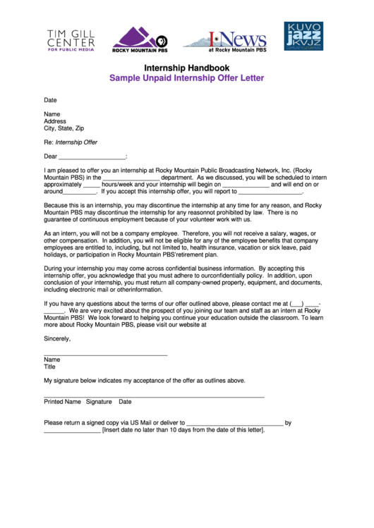 Unpaid Internship Offer Letter Sample Unpaid Internship Fer Letter Template Printable