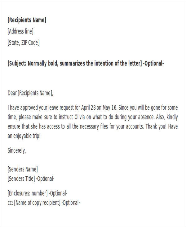 Vacation Leave Letter Sample 16 Vacation Letter Templates Pdf Doc
