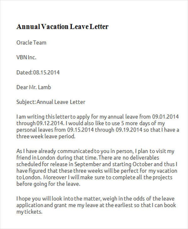 Vacation Leave Letter Sample 42 Leave Letter Samples Pdf Word Apple Pages