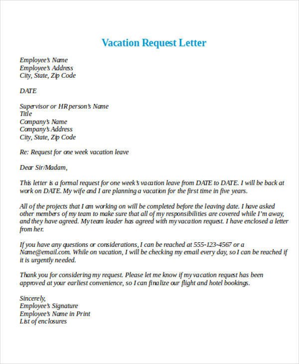 Vacation Leave Letter Sample formal Request Letters