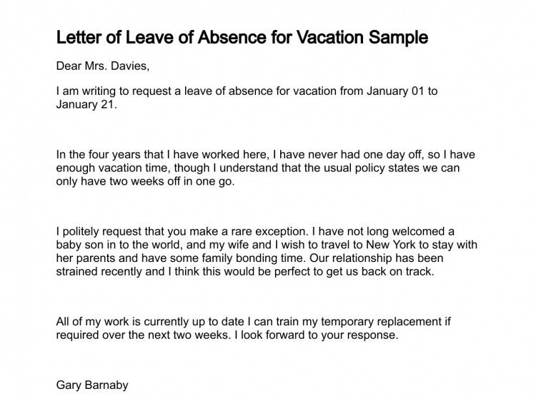 Vacation Leave Letter Sample Letter Of Request for Vacation Leave Sample &amp; Templates