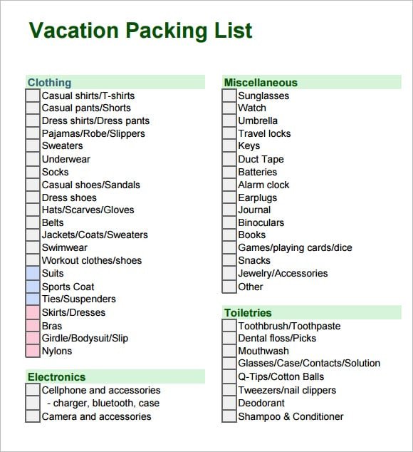 Vacation Packing List Template 6 Packing List Templates Free Sample Templates