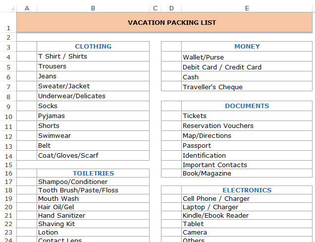 Vacation Packing List Template A Collection Of Free Excel Templates Download now