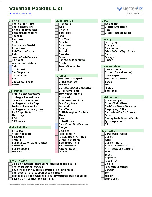 Vacation Packing List Template Free Packing List Template for Vacation Travel or College