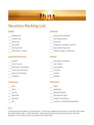 Vacation Packing List Template Vacation Packing List