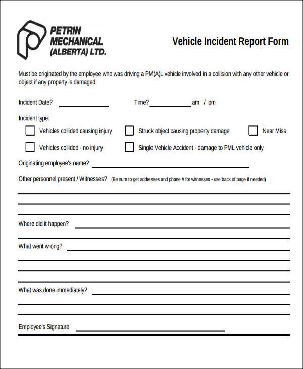 Vehicle Accident Report form Template 59 Incident Report formats Pdf Word Docs