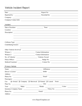 Vehicle Accident Report form Template Vehicle Incident Report Report Template