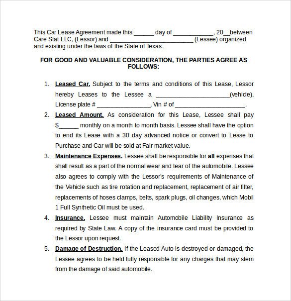 Vehicle Lease Agreement Template 8 Car Lease Agreement Templates Word Pdf Pages