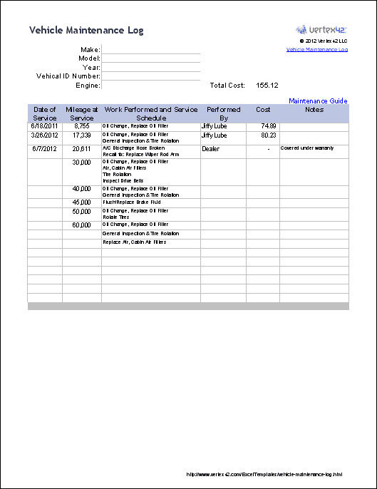 Vehicle Maintenance Log Excel Free Vehicle Maintenance Log Template for Excel