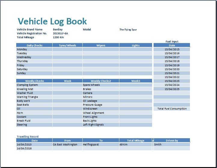 Vehicle Maintenance Log Excel Ms Excel Vehicle Log Book Template