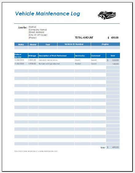 Vehicle Maintenance Log Excel Ms Excel Vehicle Maintenance Log Template