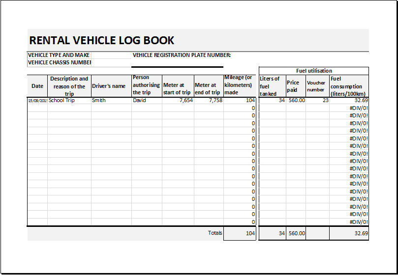 Vehicle Maintenance Log Excel Rental Vehicle Log Book Template for Excel