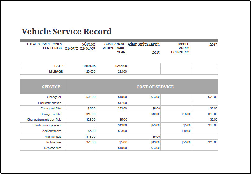 Vehicle Maintenance Log Excel Vehicle Maintenance Log