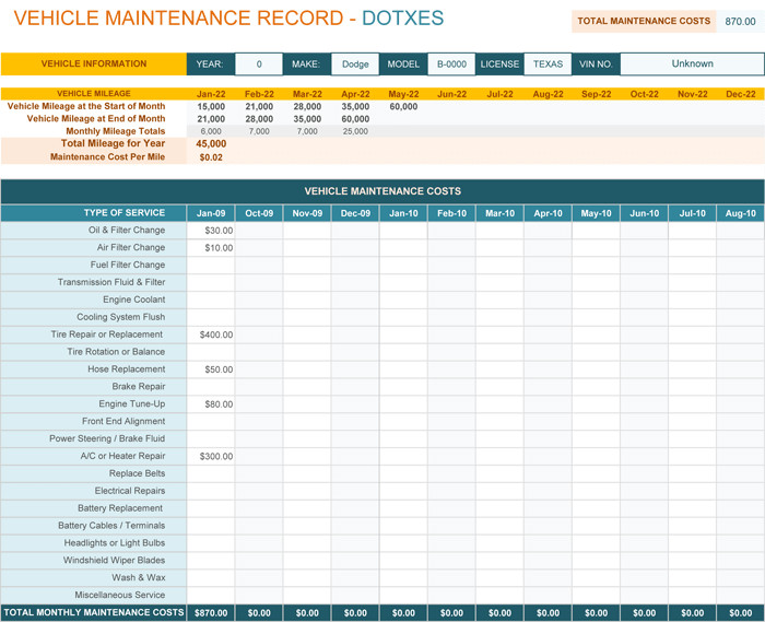 Vehicle Maintenance Log Excel Vehicle Maintenance Log Template for Excel Monthly Dotxes
