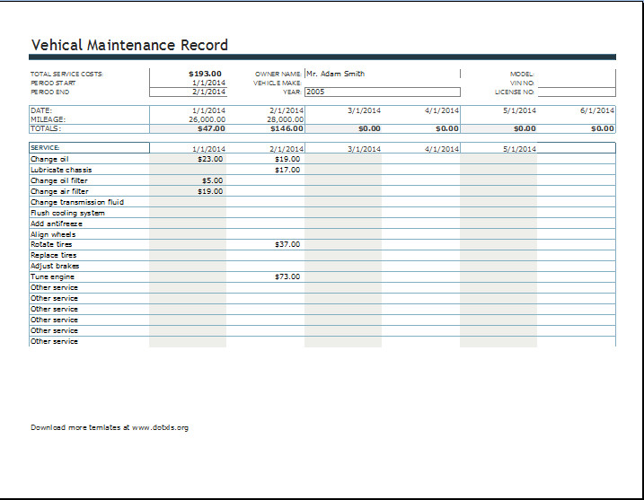 Vehicle Maintenance Log Excel Vehicle Maintenance or Service Record Log