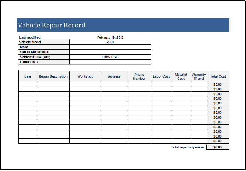 Vehicle Maintenance Log Excel Vehicle Repair Log Template for Ms Excel Vehicle Maintenance Log Excel Vehicle Repair Log Template for Ms Excel