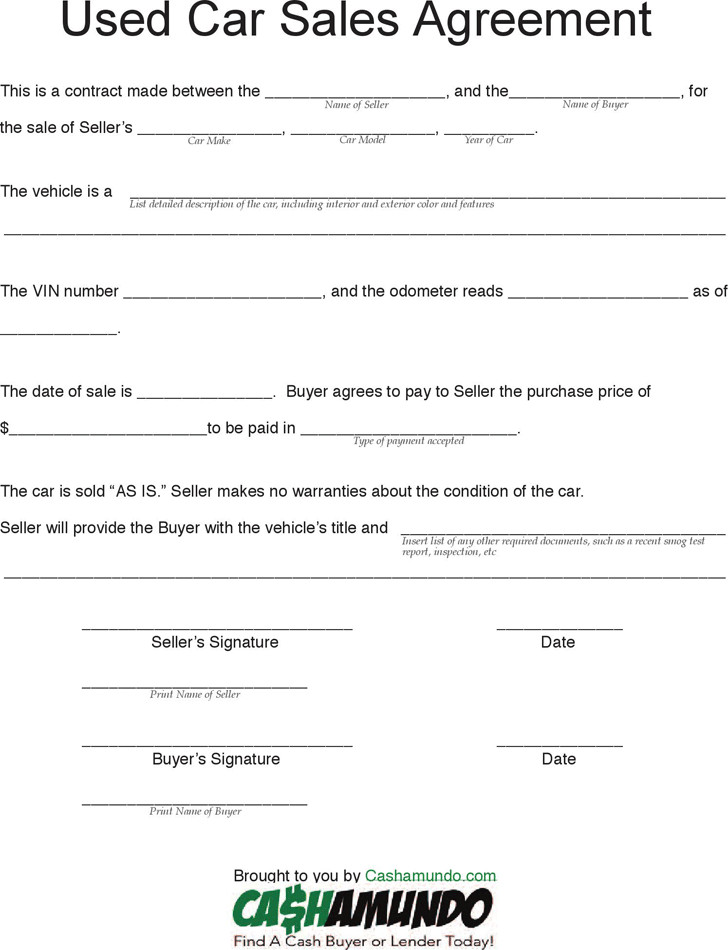 Vehicle Payment Contract Template Car Sale Agreement