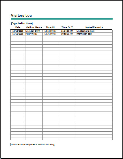 Visitor Log Template Excel Ms Excel Visitors Log Template