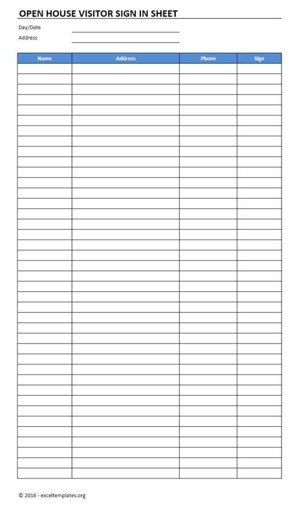 Visitor Log Template Excel Open House Sign In Sheet Template