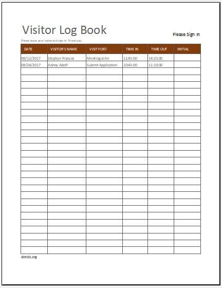 Visitor Log Template Excel Visitor Log Book Template Ms Excel