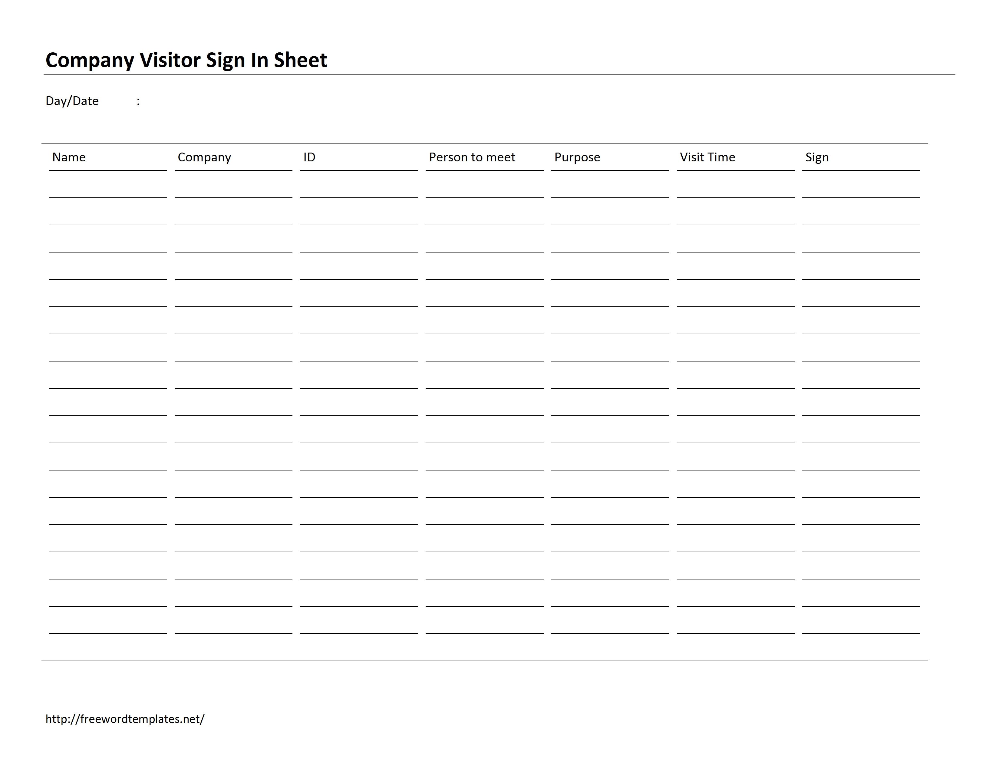 Visitor Sign In Sheets Childcare Sign In Sheet Template