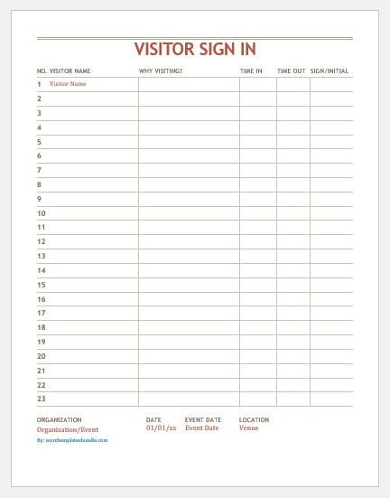 Visitor Sign In Sheets Visitor Sign In Sheet Templates Ms Word