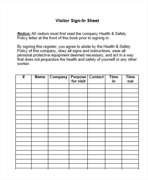 Visitors Sign In Sheet 8 Sign In Sheet Templates Examples In Word Pdf