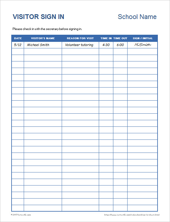 Visitors Sign In Sheet Download the School Visitor Sign In Sheet From Vertex42