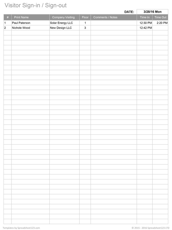 Visitors Signing In Sheet Printable Sign In Worksheets and forms for Excel Word and Pdf