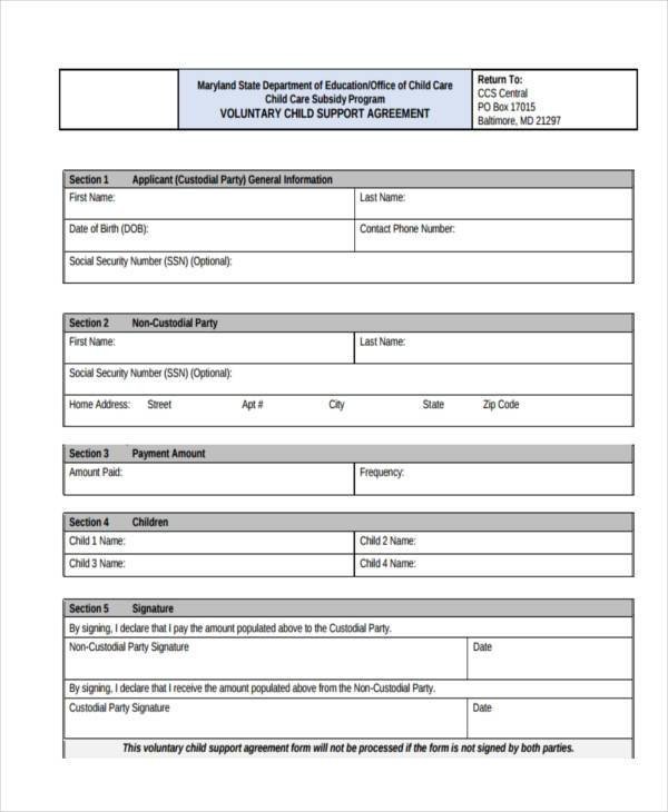 Voluntary Child Support Agreement Template 7 Child Support Agreement form Samples Free Sample