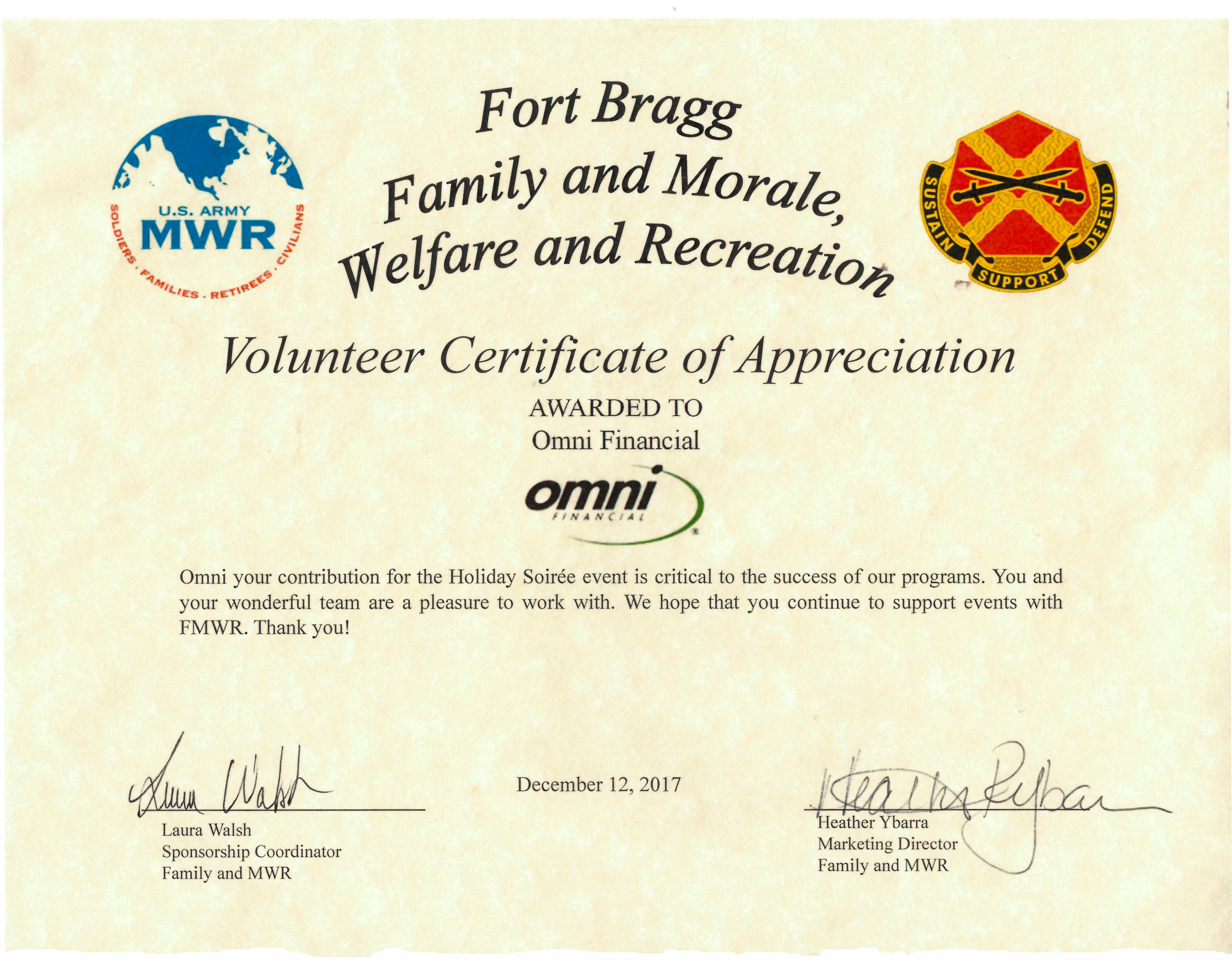 Volunteer Certificate Of Appreciation Omni Military Loans In Fayetteville Nc