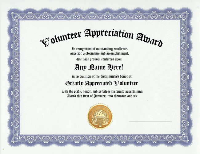 Volunteer Certificate Of Appreciation Volunteer Appreciation Award Certificate Custom Gift