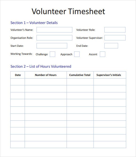 Volunteer Hours form Template Sample Volunteer Timesheet 10 Example format