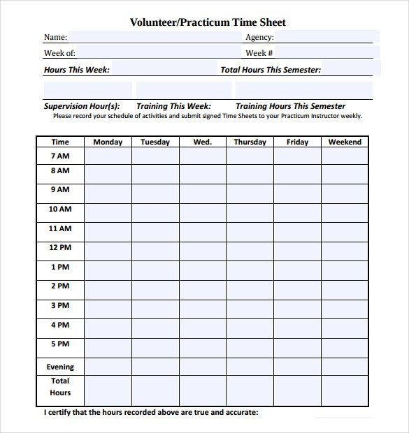 Volunteer Hours form Template Volunteer Hour forms Template