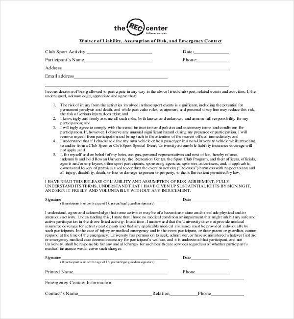 Waiver form Template for Sports 15 Sample Medical Waiver forms