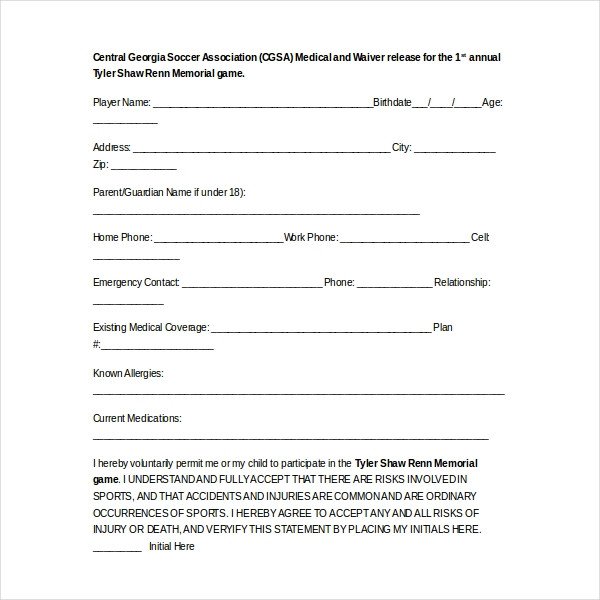 Waiver form Template for Sports 15 Sample Medical Waiver forms