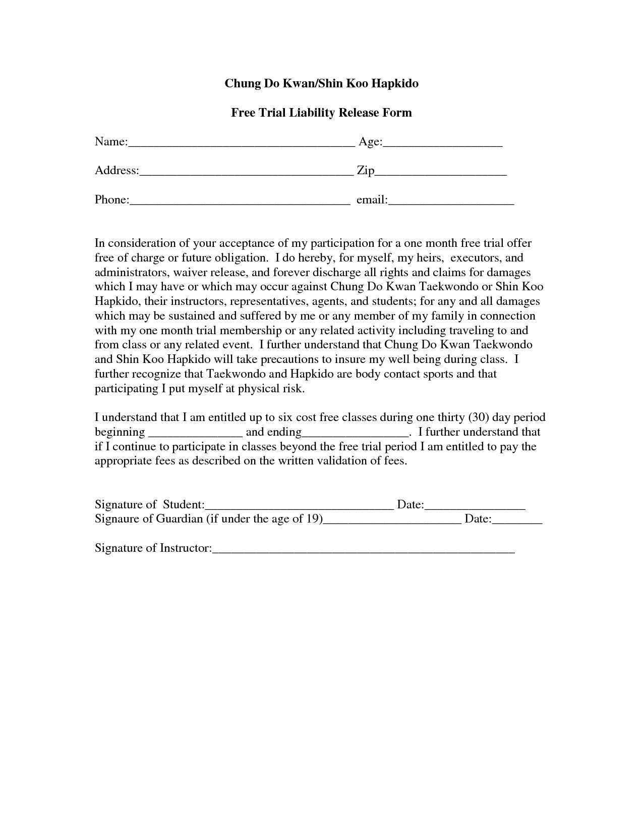 Waiver form Template for Sports Free Printable Liability form form Generic