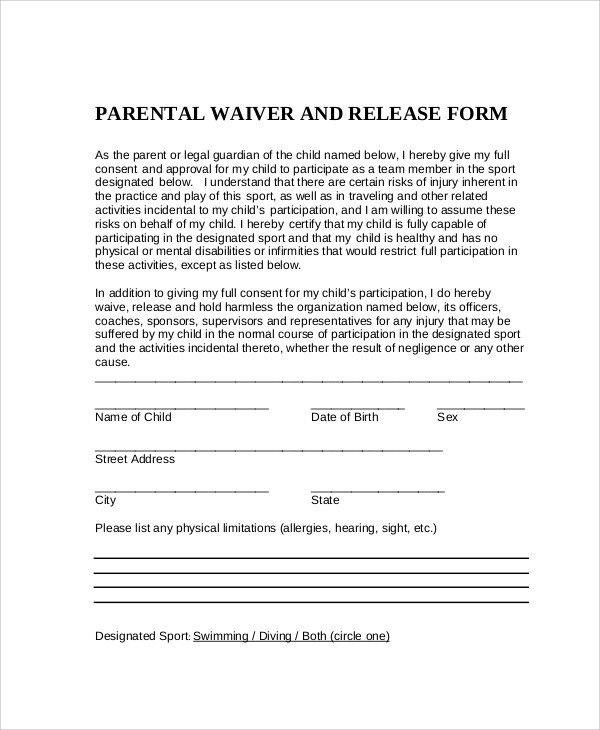 Waiver form Template for Sports Sample Parental Release form 10 Examples In Word Pdf
