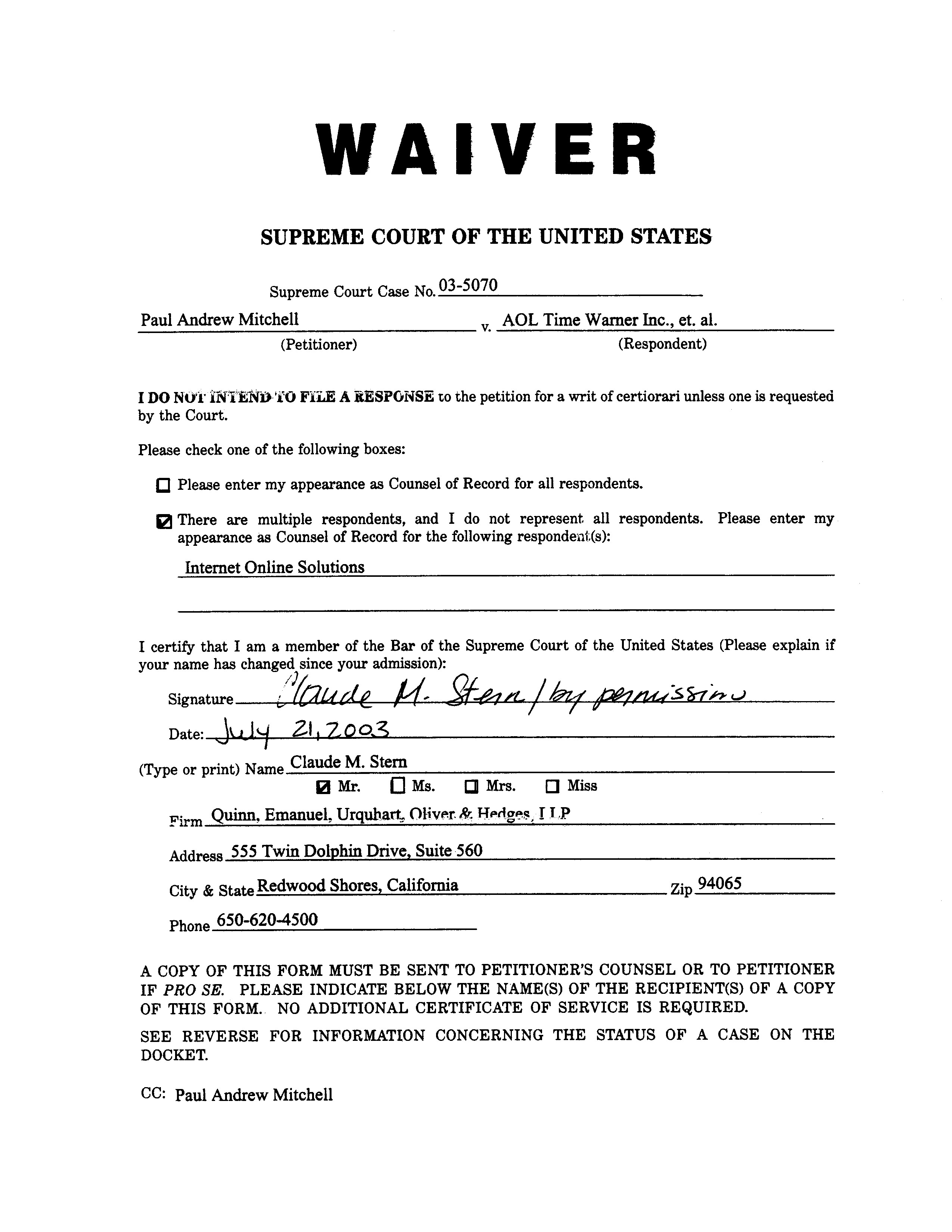 Waiver form Template for Sports Supreme Law Library Court Cases Mitchell V Aol Time