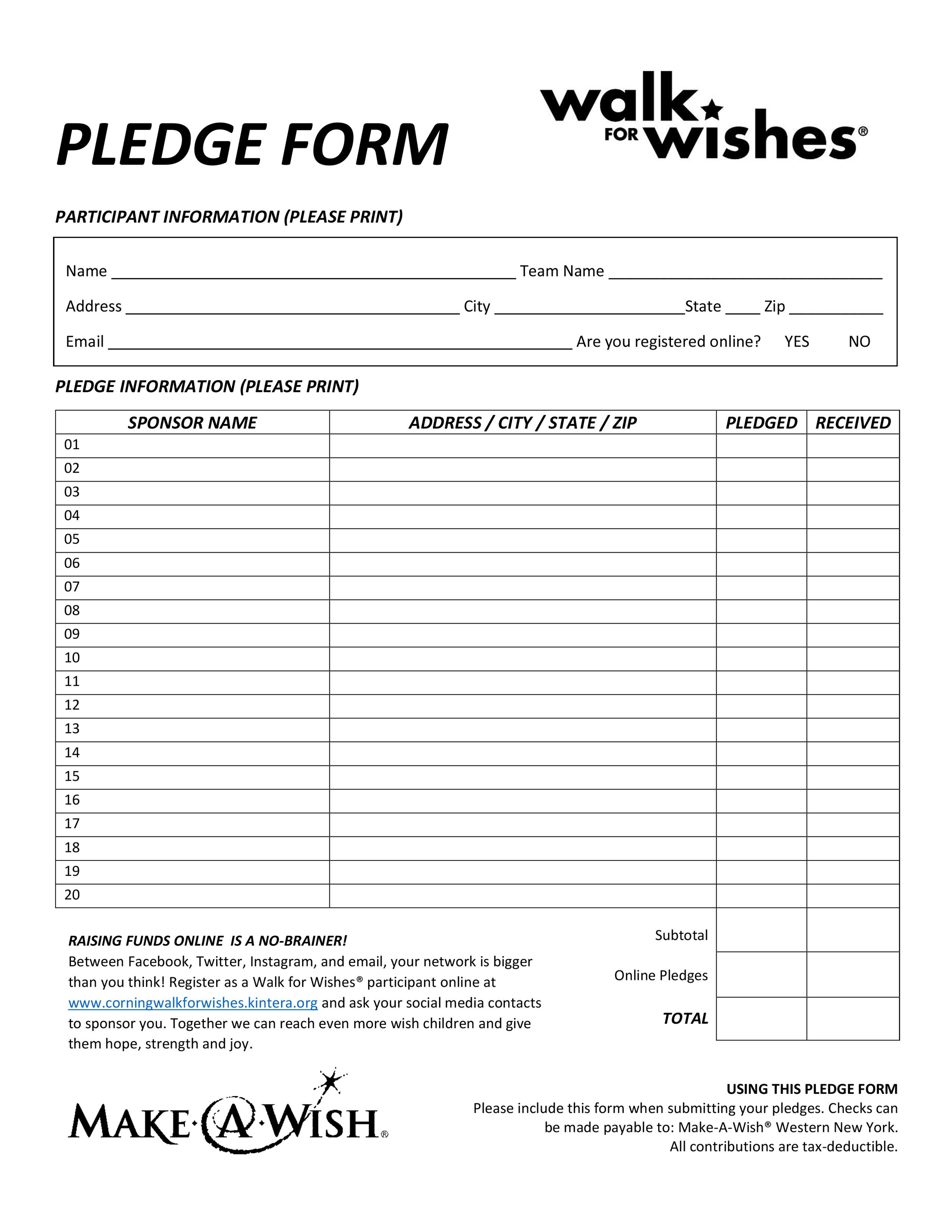 Walkathon Registration form Template Walk for Wishes Pledge form