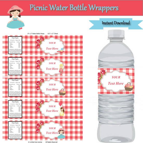 Water Bottle Wrapper Template Picnic Party Water Bottle Label Wrappers Instant Download