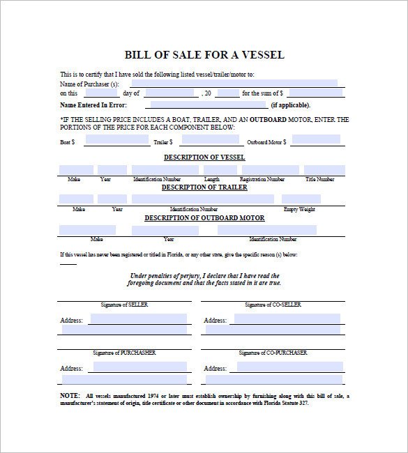 Watercraft Bill Of Sale Boat Bill Of Sale 10 Free Word Excel Pdf format